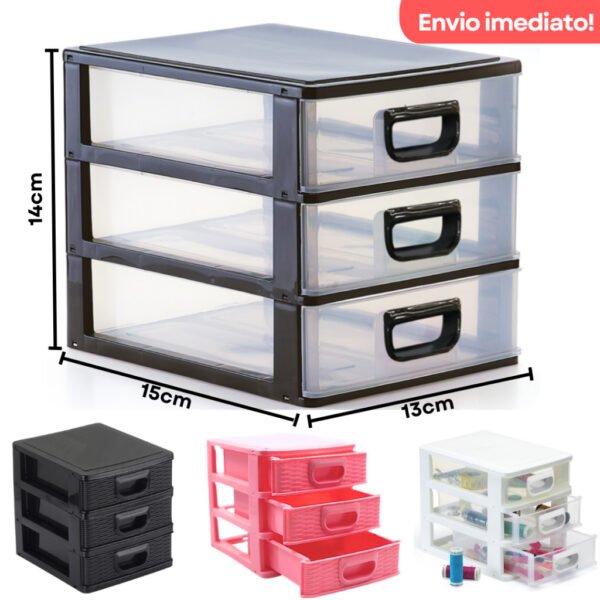 Mini Gaveteiro Organizador Bijouterias, Maquiagem, Linhas, Remédios - 3 Gavetas - 15cm x 14cm x 13cm